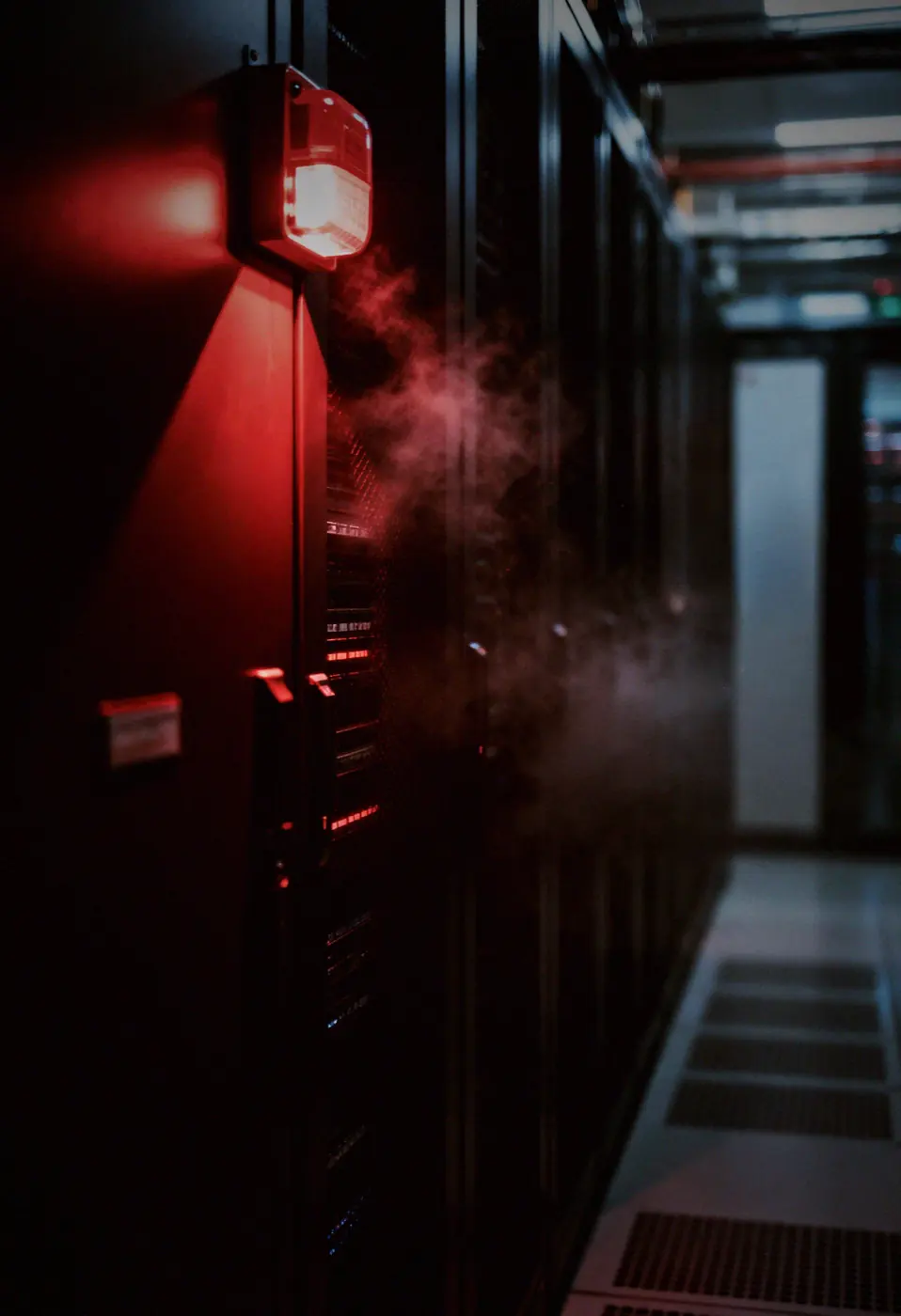 A red warning light burning in a dark data centre aisle, the moment an autonomous system has to be stopped by hand.